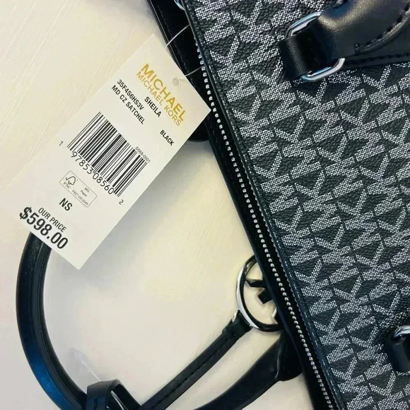 Michael Kors Purse Medium Sheila Signature Logo and Metallic Satchel Black - Picture 10 of 11